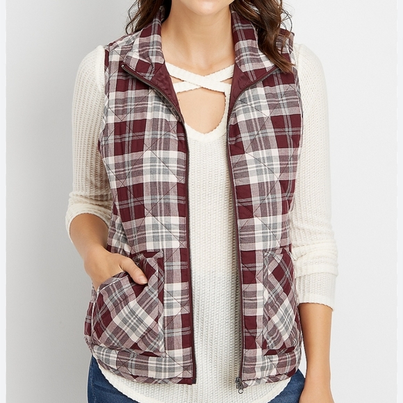 Maurices Plaid Burgundy Maroon Vest Size XS - Picture 2 of 8